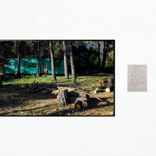 "Brignoles". Montaje de Catherine Henensal, hoja intervenida de Catherine Henensal (23.5 x 16.8 cm)  y texto de Natalia Behaine (24.5 x 16.5 cm).
